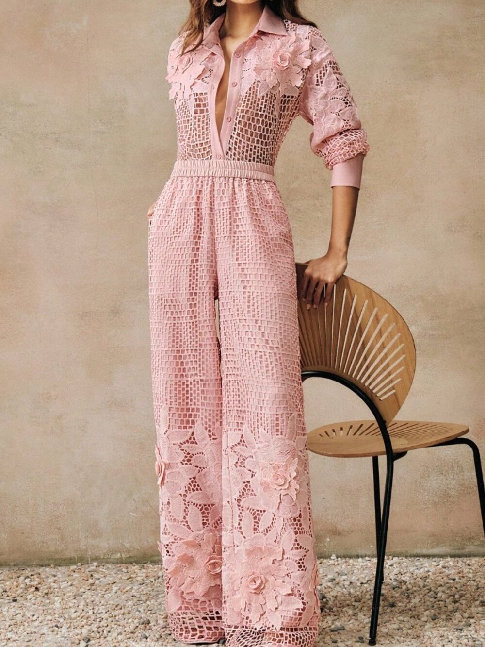 Pink Casual Women's Elegant Elastic Waist Hollow-Out 3d Floral Long Pants